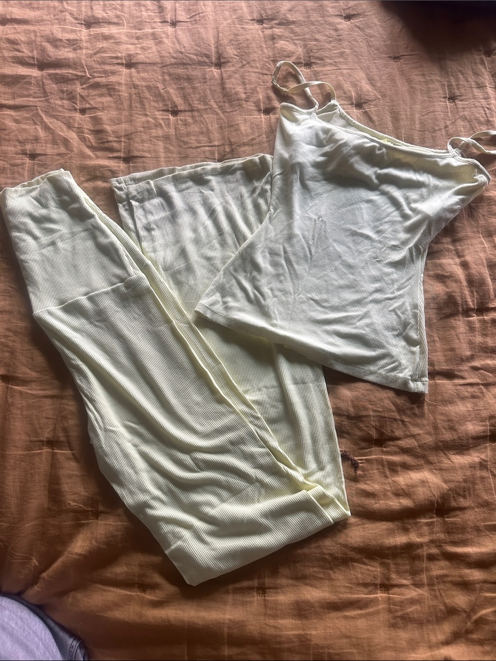 SKIMS Neon Yellow Ribbed Cami & Skirt Loungewear Set